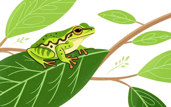 A vibrant green tree frog perched on a leaf surrounded by branches and leaves, rendered in crisp 4K Ultra HD quality for a nature-themed PC desktop wallpaper.