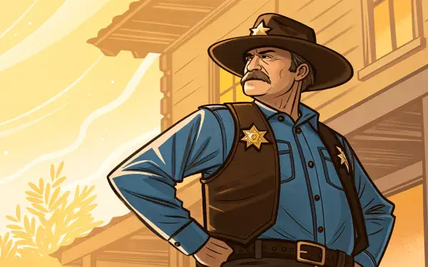 A confident sheriff stands with hands on hips, dressed in a blue shirt and a brown vest adorned with a badge, set against a warm, rustic backdrop in this 4K Ultra HD wallpaper.