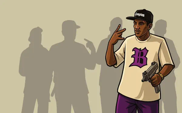 A dynamic 4K Ultra HD wallpaper from Grand Theft Auto: San Andreas, featuring a gangster character holding a gun, with shadowy figures in the background.