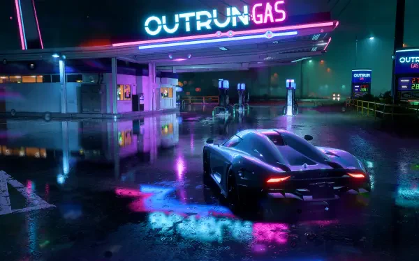 A sleek hypercar parked at a neon-lit gas station, reflecting vibrant colors on wet pavement, captures the thrilling essence of Need For Speed in this HD PC wallpaper.