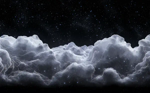 A stunning 4K Ultra HD wallpaper featuring fluffy clouds set against a starry night sky, showcasing rich details ideal for OLED displays.