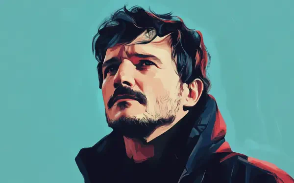 Artistic HD desktop wallpaper featuring Pedro Pascal, showcasing a stylized portrayal of him looking upward against a vibrant blue background.