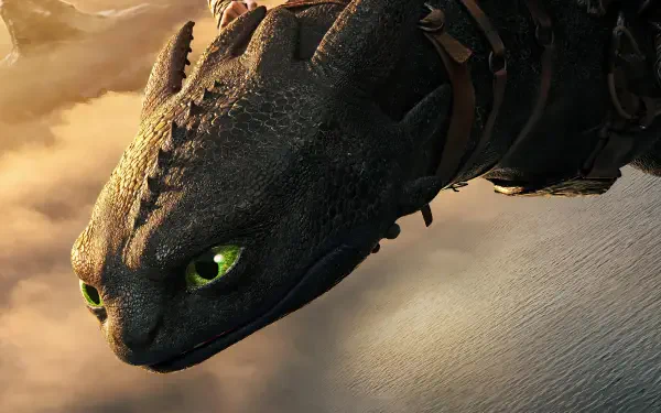 Toothless from *How to Train Your Dragon (2025)* soars through the sky in this stunning 4K Ultra HD desktop wallpaper, showcasing his fierce beauty and enchanting green eyes.