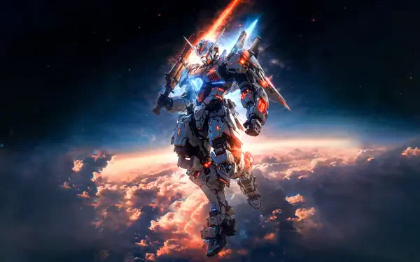 A highly detailed 8K Ultra HD Gundam mech stands powerfully above glowing clouds, with vibrant energy effects illuminating the dark sky in this PC desktop wallpaper.