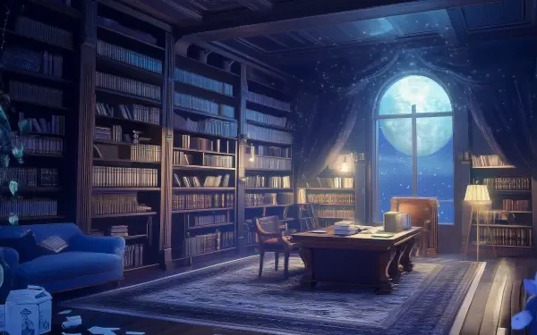 A serene anime room with a cozy library bathed in moonlight, featuring shelves of books, a wooden table, and a comfortable chair, evokes a tranquil reading atmosphere.