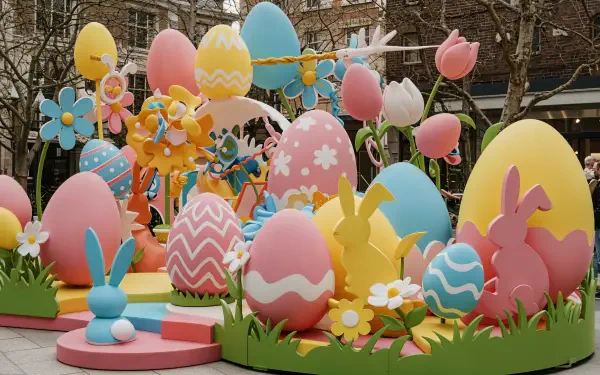 A vibrant Easter scene featuring colorful eggs and flowers, designed with playful shapes and pastel hues, perfect for a 4K Ultra HD PC desktop wallpaper and background.