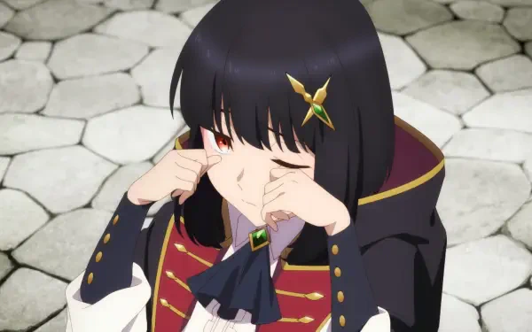 Anime-style HD desktop wallpaper from Old Country Bumpkin to Master Swordsman, depicting a dark-haired character in detailed clothing wiping their eyes.