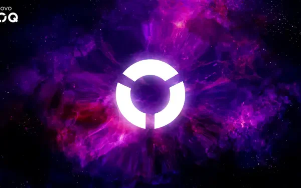 A vibrant HD PC desktop wallpaper featuring a cosmic purple background with a prominent Lenovo logo at the center, showcasing modern technology and creativity.