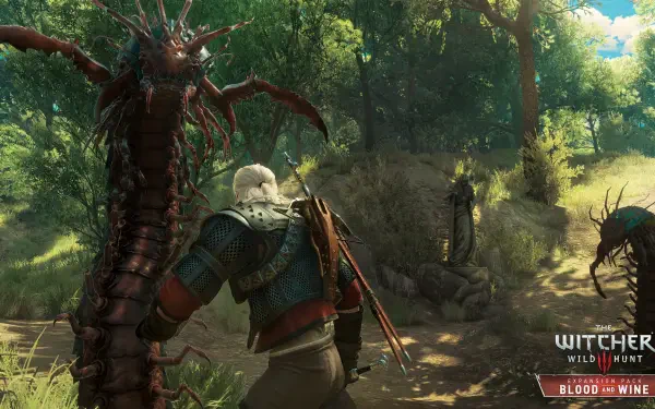 A vibrant HD wallpaper from The Witcher 3: Wild Hunt - Blood and Wine, featuring Geralt facing a monstrous creature in a lush forest setting.
