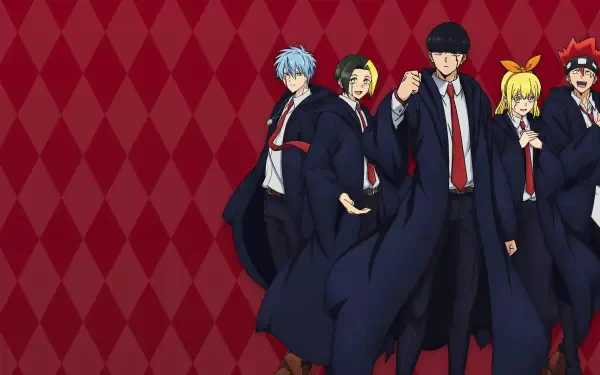 Mashle: Magic and Muscles — five students in dark school robes pose against a red diamond-patterned backdrop. 4K Ultra HD PC desktop wallpaper and background.