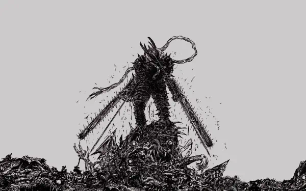 A dynamic HD wallpaper featuring Denji from Chainsaw Man brandishing chainsaws, surrounded by a chaotic scene, highlighting the intense atmosphere of the manga.