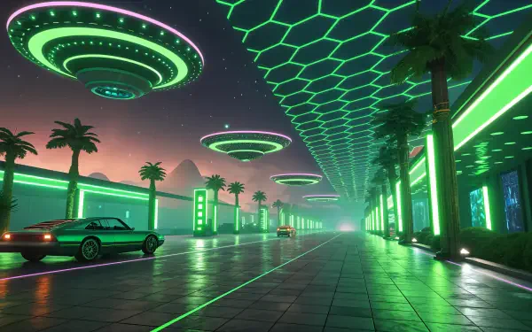 A vibrant metaverse scene featuring neon-lit palm trees, futuristic hovering structures, and sleek cars on a reflective roadway, set against a stunning twilight backdrop. 4K Ultra HD desktop wallpaper.