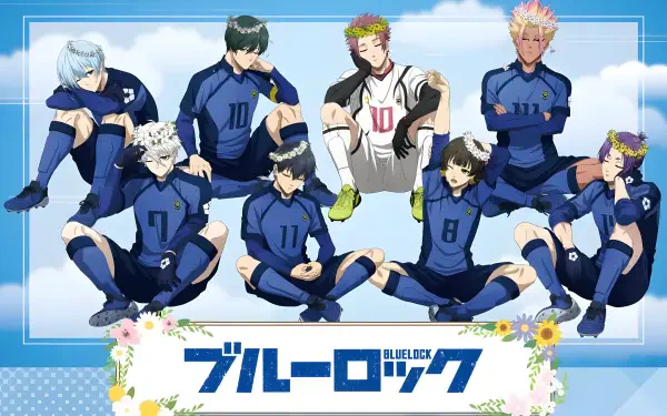 Blue Lock anime 4K Ultra HD PC desktop wallpaper: eight soccer players in blue kits and one in white pose on grass under a bright sky, series logo and floral border at the bottom.