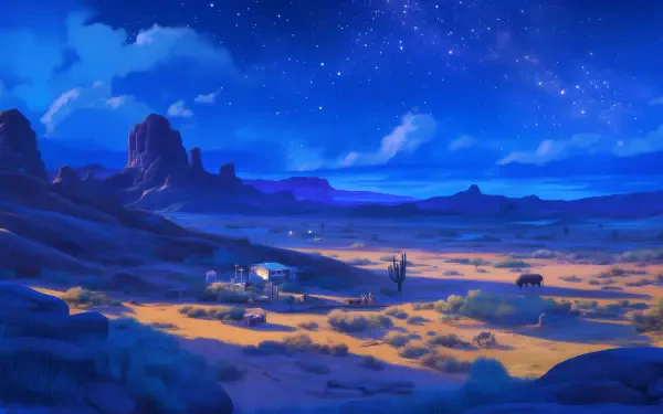 A stunning anime landscape showcases a serene desert at night, with vibrant blue hues illuminating the dunes and a starry sky above, creating a captivating HD wallpaper.