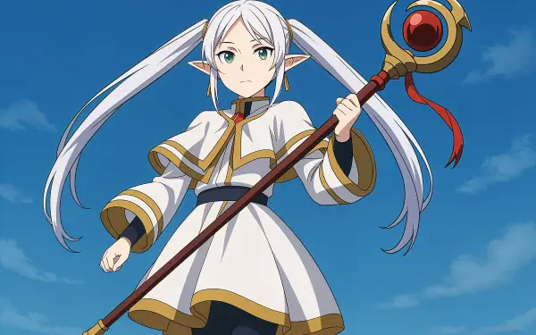 A character from Frieren: Beyond Journey's End, featuring Frieren with long white hair and a staff against a bright blue sky. A captivating 4K Ultra HD desktop wallpaper.
