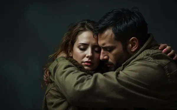 A touching embrace between two people, conveying emotion and connection, set against a dark background. This image serves as a 4K Ultra HD desktop wallpaper and background.