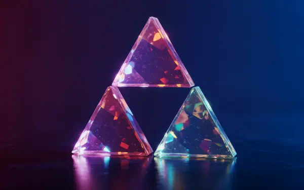 A vibrant 4K Ultra HD desktop wallpaper featuring a visually striking triforce design composed of three illuminated, overlapping triangular shapes.