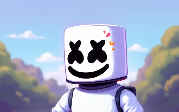 Cartoon depiction of Marshmello, the DJ, featuring his iconic marshmallow head and smiley face, set against a vibrant sky and landscape background, designed for a 4K Ultra HD desktop wallpaper.