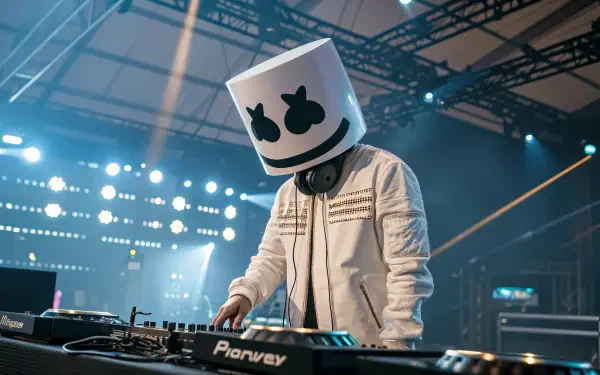 A 4K Ultra HD wallpaper featuring DJ Marshmello performing at a lively event, wearing his signature marshmallow headgear while mixing at the DJ booth.