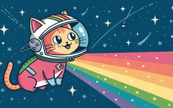 A colorful Nyan Cat in a spacesuit, radiating a vibrant rainbow while floating in a starry galaxy, designed as a 4K Ultra HD PC desktop wallpaper.