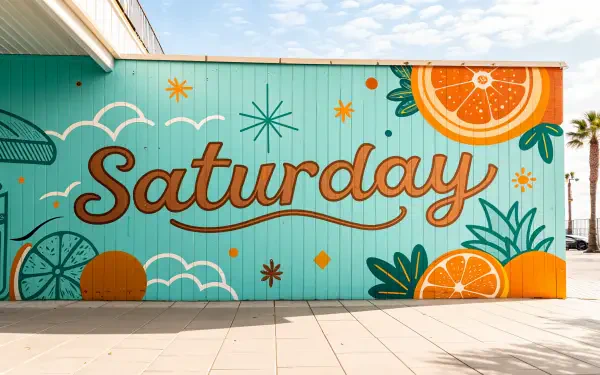 Colorful mural featuring the word Saturday surrounded by vibrant oranges and green leaves, set against a bright blue background. A lively design for a 4K Ultra HD desktop wallpaper.