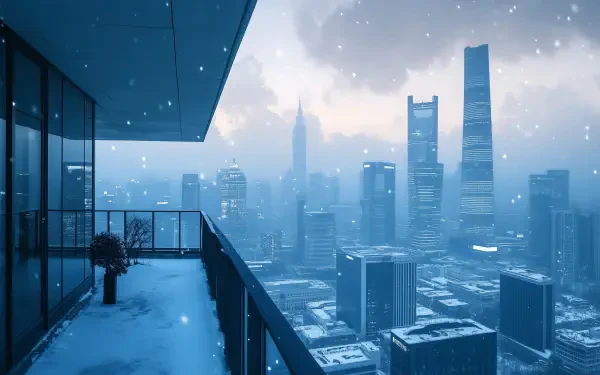 A snowy cityscape viewed from a balcony, showcasing winter in an urban setting with tall skyscrapers and soft snowfall, creating a serene and picturesque atmosphere.