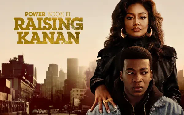 A dramatic HD wallpaper featuring characters from the TV show Power Book III: Raising Kanan, set against a city skyline backdrop, capturing the essence of the series.