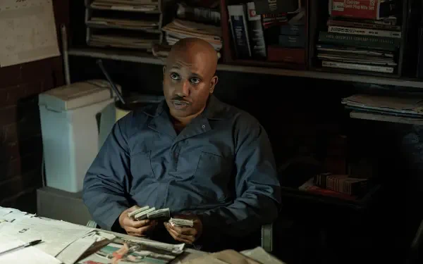 A scene from Power Book III: Raising Kanan, featuring a character seated at a cluttered desk, holding cash, with shadows highlighting the tension of the moment.