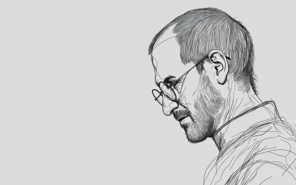 Line art depiction of Steve Jobs, showcasing a thoughtful profile against a light background, designed as a high-definition PC desktop wallpaper and background.