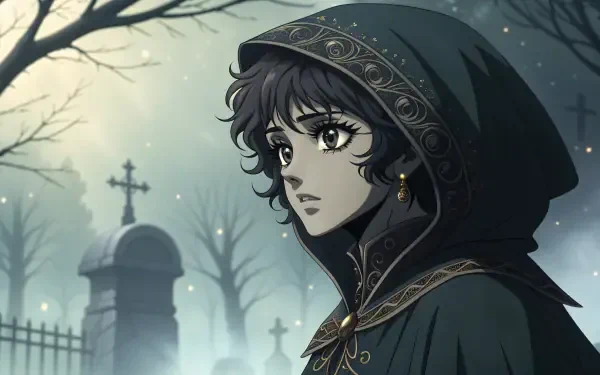 A dark-haired anime character in a hooded cloak stands thoughtfully in a misty graveyard, surrounded by shadowy trees and tombstones, capturing a haunting atmosphere in 4K Ultra HD.