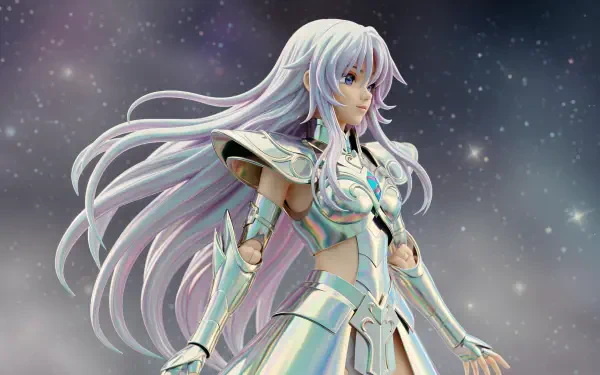 Anime figure with flowing silver hair and futuristic armor set against a starry background, rendered in stunning 4K Ultra HD for PC desktop wallpaper.
