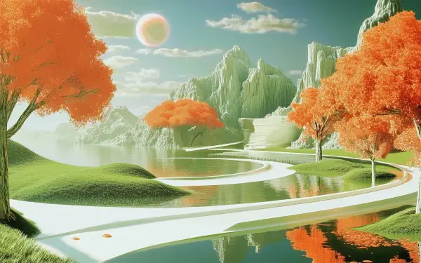 A calm, futuristic fantasy landscape with vibrant orange trees, winding white pathways, serene water, and distant mountains under a soft sky, captured in HD for a PC wallpaper.