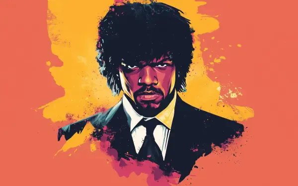 Minimalist HD desktop wallpaper featuring a stylized portrait of Samuel L. Jackson’s character from the movie Pulp Fiction against a vibrant orange background.