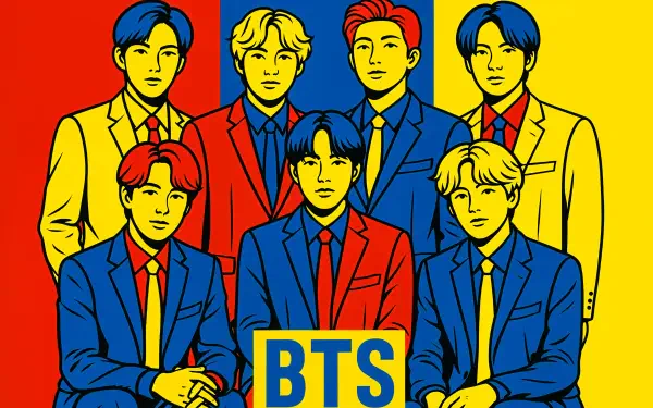 Illustrated portrait of BTS members in vibrant red, yellow, and blue tones, designed as a 4K Ultra HD PC desktop wallpaper and background.