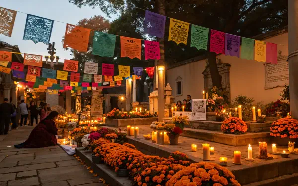 Vibrant Day of the Dead altar with marigolds, candles, and colorful papel picado banners, captured in stunning 4K Ultra HD for a PC desktop wallpaper.