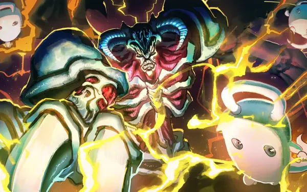 HD PC desktop wallpaper featuring anime characters White Duston and Summoned Skull from Yu-Gi-Oh!, surrounded by dynamic lightning and vibrant energy effects.