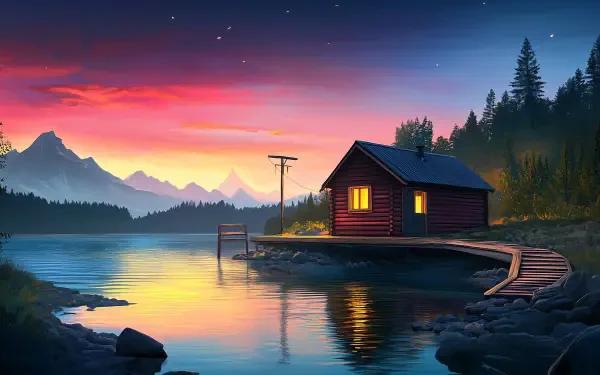 HD artistic desktop wallpaper depicting a serene cabin by a calm lake at sunset, framed by mountains, pine trees, and a vibrant sky.