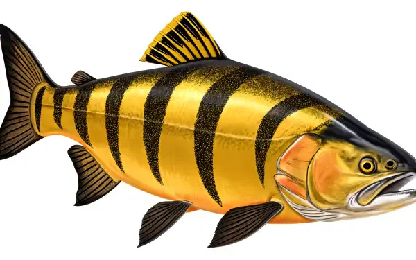 A vibrant illustration of a golden salmon with bold black stripes, showcased in stunning detail for a 4K Ultra HD PC desktop wallpaper.