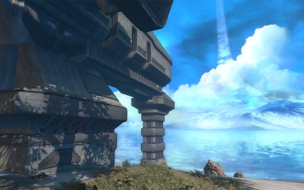 HD PC desktop wallpaper of Halo: Combat Evolved Anniversary featuring a scenic landscape with futuristic architecture and a bright, cloudy sky from the Halo video game.