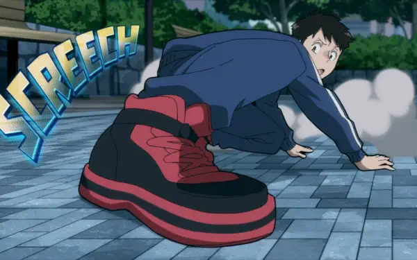 HD PC desktop wallpaper of Koichi Haimawari from My Hero Academia: Vigilantes, captured mid-action with dynamic motion and stylized Screech sound effect in anime style.