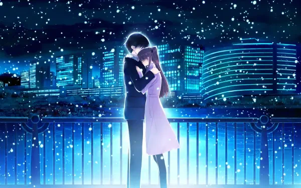 Anime couple from White Album 2 embraces under a snowy night sky, illuminated by blue city lights in this HD desktop wallpaper and background.