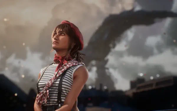 4K Ultra HD PC wallpaper from the video game Clair Obscur: Expedition 33, featuring a woman in a striped top and red beret looking upward against a moody sky backdrop.