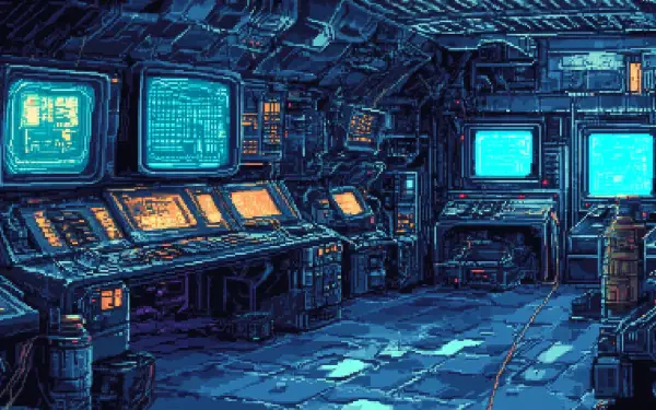 HD pixel art of a futuristic blue cyberpunk base, featuring glowing monitors and detailed tech panels in a dimly lit control room setting.