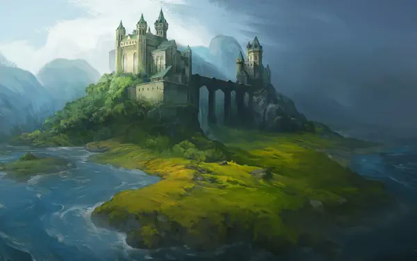 A fantasy landscape featuring a majestic castle perched on a lush island, surrounded by water under a misty, atmospheric sky—HD PC desktop wallpaper and background.