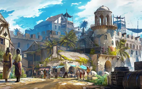 HD artistic desktop wallpaper depicting a medieval pirate village on the Pirate Islands, featuring stone buildings, palm trees, and figures in period attire under a bright sky.