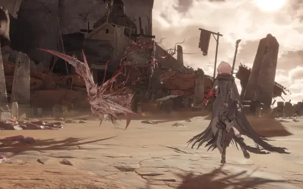 HD PC desktop wallpaper from the video game AI LIMIT, depicting a desolate landscape with a character facing a winged creature amid ruins under a cloudy sky.