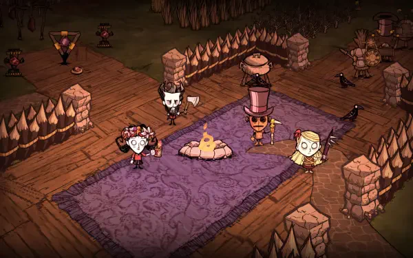 HD desktop wallpaper from the video game Don't Starve Together showing four characters around a campfire inside a fenced, wooden area with a purple rug.