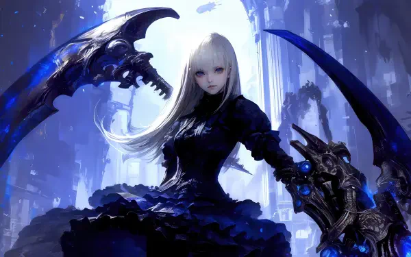 A 4K Ultra HD fantasy anime girl with long blonde hair, wielding a large scythe, set against a mystical blue-toned background for PC desktop wallpaper.