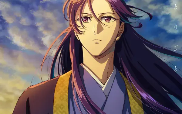 Anime-style 4K Ultra HD wallpaper of Jinshi from The Apothecary Diaries, featuring detailed character art with flowing hair against a vibrant sky backdrop.