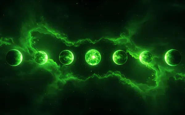 4K Ultra HD PC desktop wallpaper showing a glowing green planetary alignment with seven celestial bodies set against a dark, swirling cosmic background.